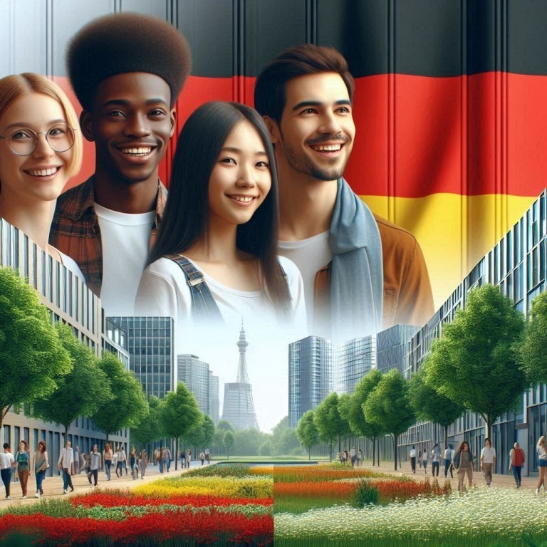 A composite image showing four people from different cultures in front of a cityscape and a German flag, symbolizing Localization for the German Market.