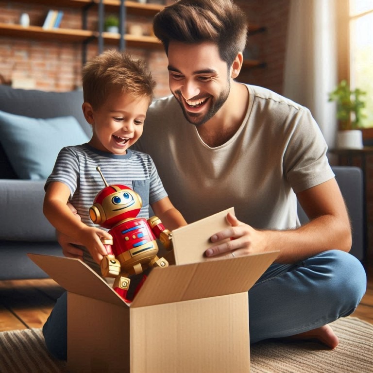 A joyful father and son unboxing a colorful robot toy embodies the excitement of targeted promotional messaging, showcasing the precision of English to German Marketing Translations.