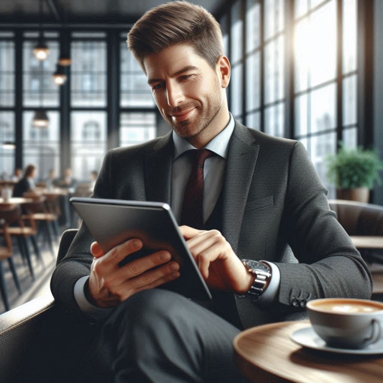 A businessman sits in a café, reading a text on his tablet.