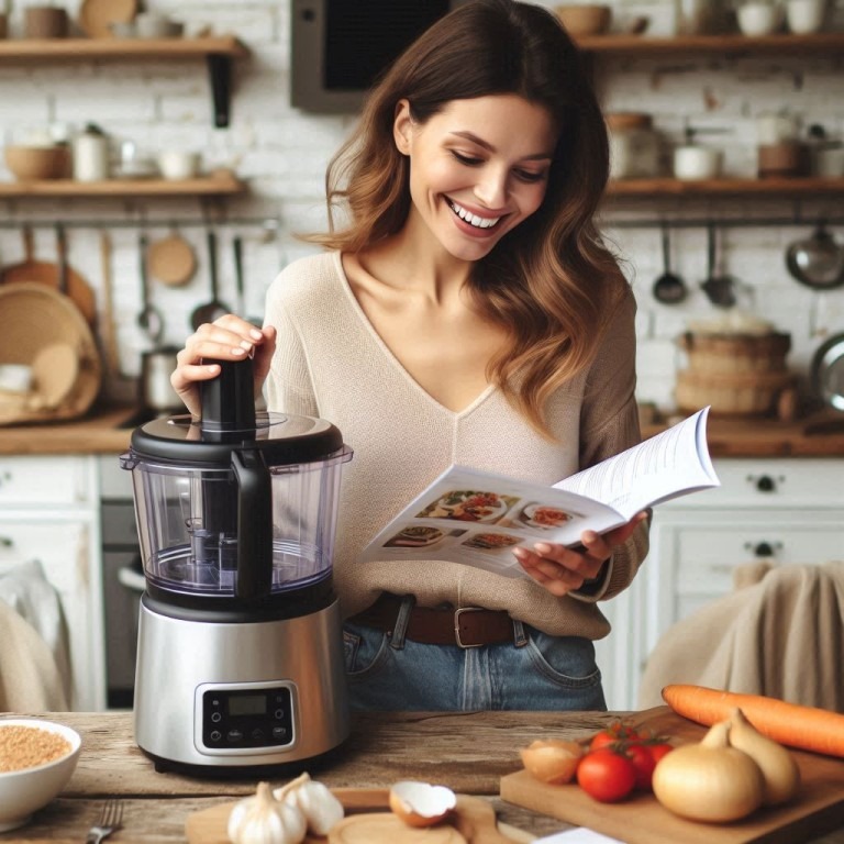 A Woman Smiling in Her Cozy Kitchen While Reading the User Manual for Her New Kitchen Appliance. This scene perfectly illustrates the value of professional English to German translation services in delivering clear, accurate, and user-friendly instructions.