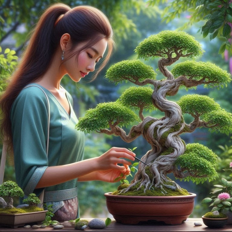 The image depicts a young woman carefully shaping the branches of a bonsai tree. It symbolizes precision and content optimization—targeted adjustments that refine and perfect your website's content.