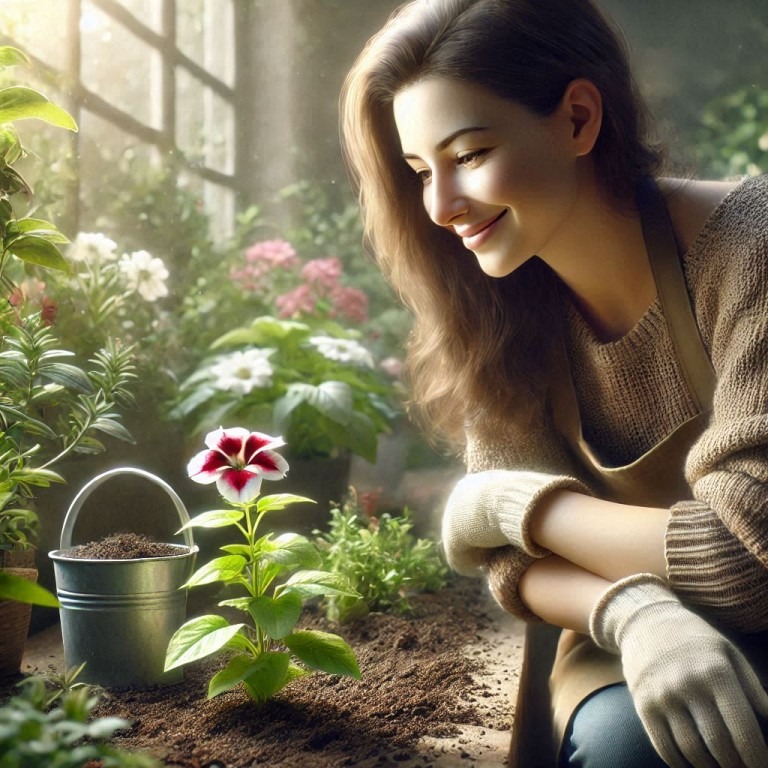 A woman smiling as she plants a flower in her small garden, symbolizing sustainability and the harmony between humans and nature—a reflection of the positive impact of renewable energy in Germany and eco-conscious initiatives worldwide.