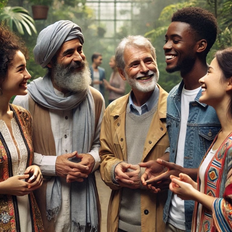 An intercultural group of five people talking and smiling in a botanical garden, symbolizing collaboration and the global impact of understanding and sustainability across cultures.