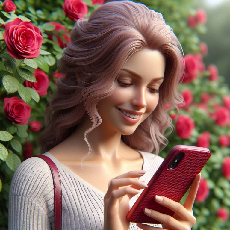 A woman stands smiling in front of a rose bush, reading on her smartphone.