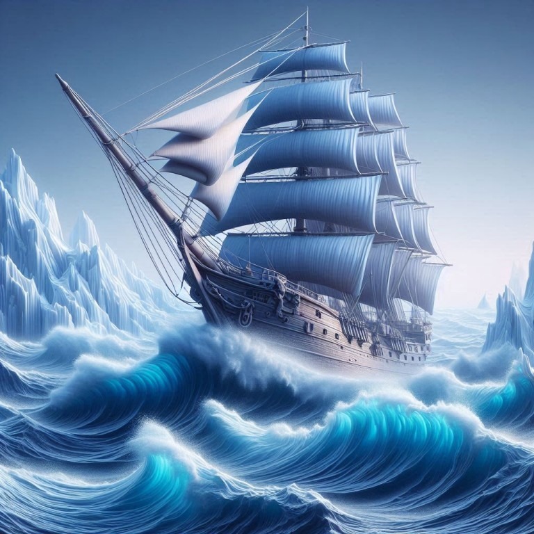 A majestic ship with blue sails cuts through stormy waves, surrounded by icy mountains—a metaphor for case studies that highlight overcoming challenges and breaking boundaries.