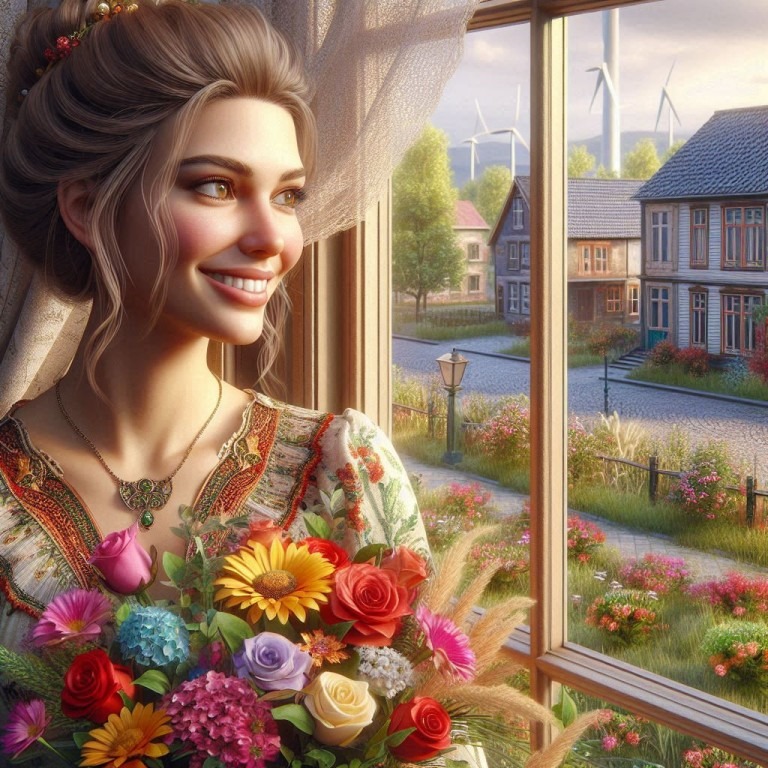 A smiling woman stands by the window, holding a colorful bouquet of flowers. Outside, houses, trees, and a few wind turbines are visible, reflecting the connection between sustainability and clear communication. This highlights the importance of Renewable Energy Translation from English to German, ensuring messages resonate effectively in markets that value precision and innovation.