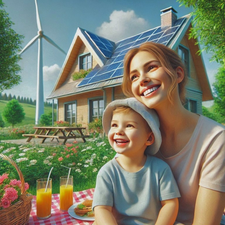 A mother and her child happily enjoying a picnic in front of their energy-efficient home, surrounded by blooming trees and vibrant flowers. On the roof, sleek solar panels gleam, harnessing sustainable energy. In the background, a majestic wind turbine stands tall—a symbol of renewable energy in Germany and the seamless integration of green technology into everyday life.