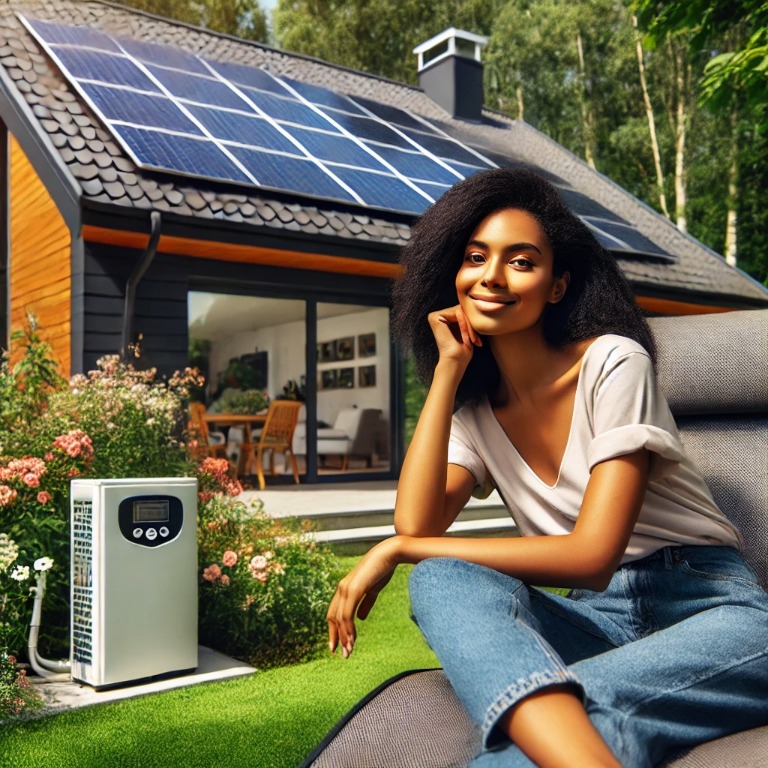 The image showcases a modern, eco-friendly home in Germany with solar panels on the roof and a heat pump, emphasizing the use of renewable energy in Germany. A dark-skinned woman relaxes in the lush garden, surrounded by blooming flowers, embodying the harmony between sustainable living and nature.