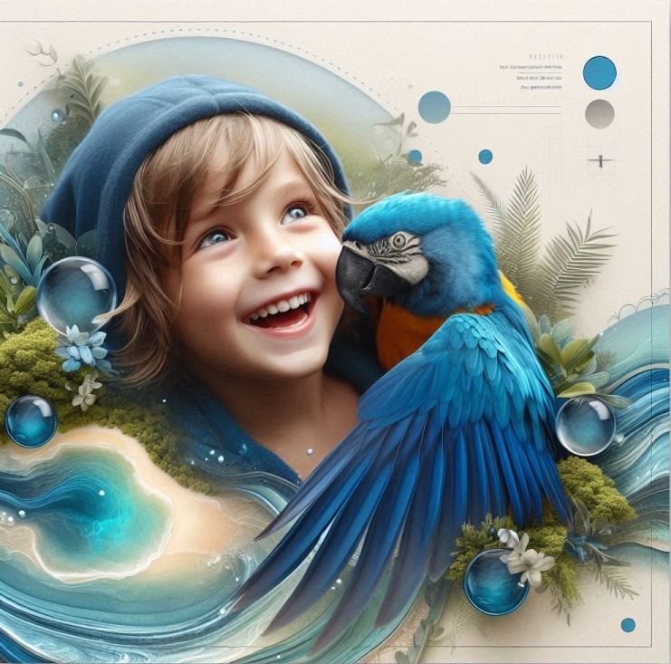 A laughing child holding a blue parrot on their arm, surrounded by water and natural elements.