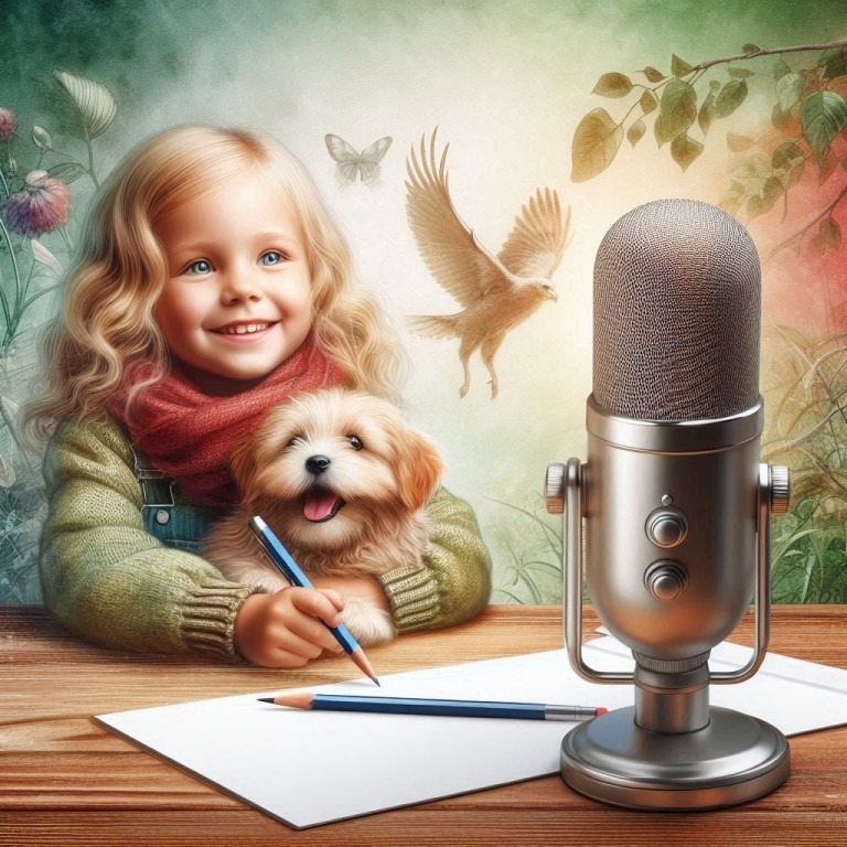 A young girl with blonde curls sits at a wooden table, holding a pencil, with a fluffy puppy on her lap. In front of her are a silver microphone and blank paper, symbolizing creativity and the process of crafting press releases as part of content creation in German.