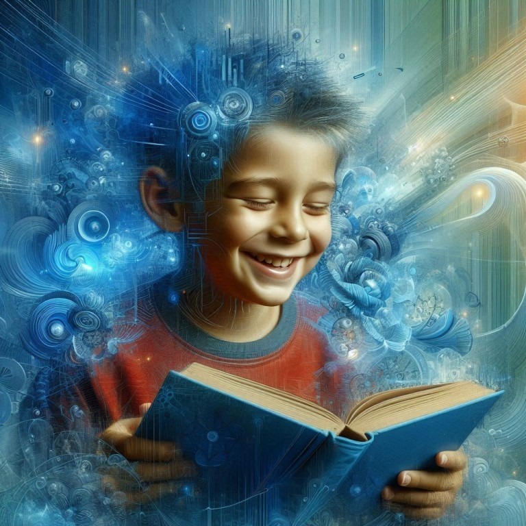 A child reads a book, surrounded by a vibrant and colorful depiction of abstract shapes and patterns—a symbol of the imagination and creativity brought to life through books and e-books.