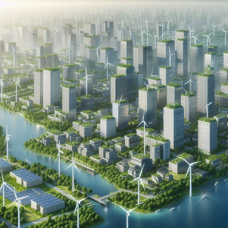 A cityscape with abundant greenery, wind turbines, and solar panels.