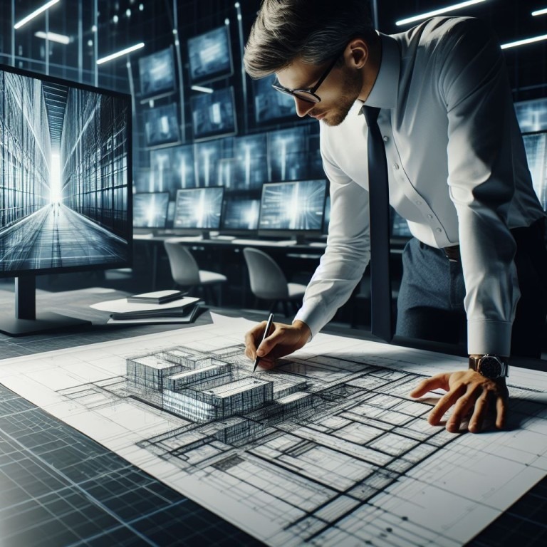 A person stands at a desk, leaning over a large architectural blueprint. In the background, multiple computer screens display various building plans and digital models, reflecting the precision and detail often showcased in whitepapers.