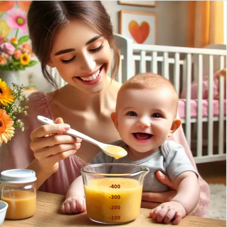 A mother smiles as she measures baby food with a small measuring cup, set in milliliters. In the background, a cozy nursery decorated with plants and flowers creates a warm, inviting atmosphere, showcasing the practicality of the metric system in Germany for everyday family life.