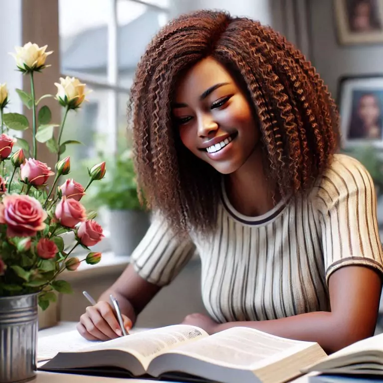 A student sits at home, smiling as she studies, deeply focused on her books. In the background, flowers can be seen. Keywords: student, studying, home study, books, flowers, focus, learning environment.