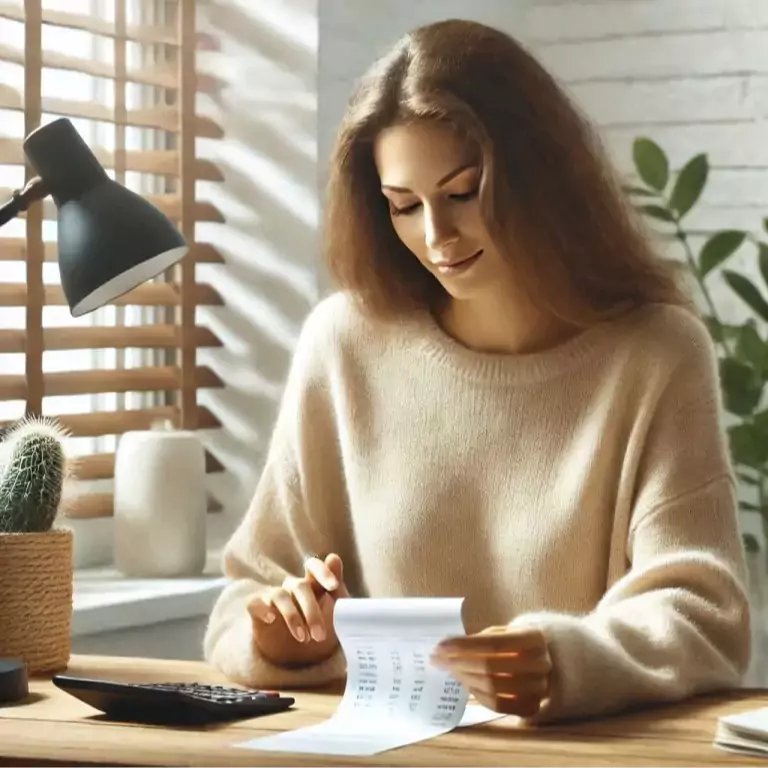 A woman in a bright and cozy office is paying an invoice, reflecting the reliability and trust associated with German payment methods. The scene highlights the ease of secure transactions, emphasizing the role of bank transfers in both personal and business payments.