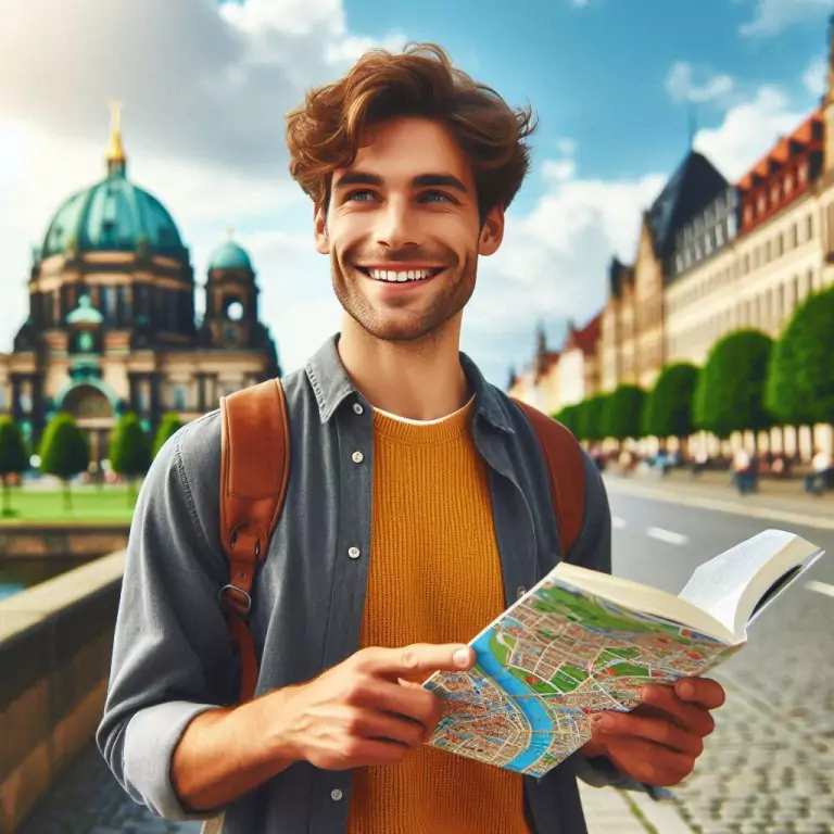 A Tourist with a City Guide: A Smiling Traveler Exploring a German City Using a Guidebook, Enhanced by Professional English to German Translation Services