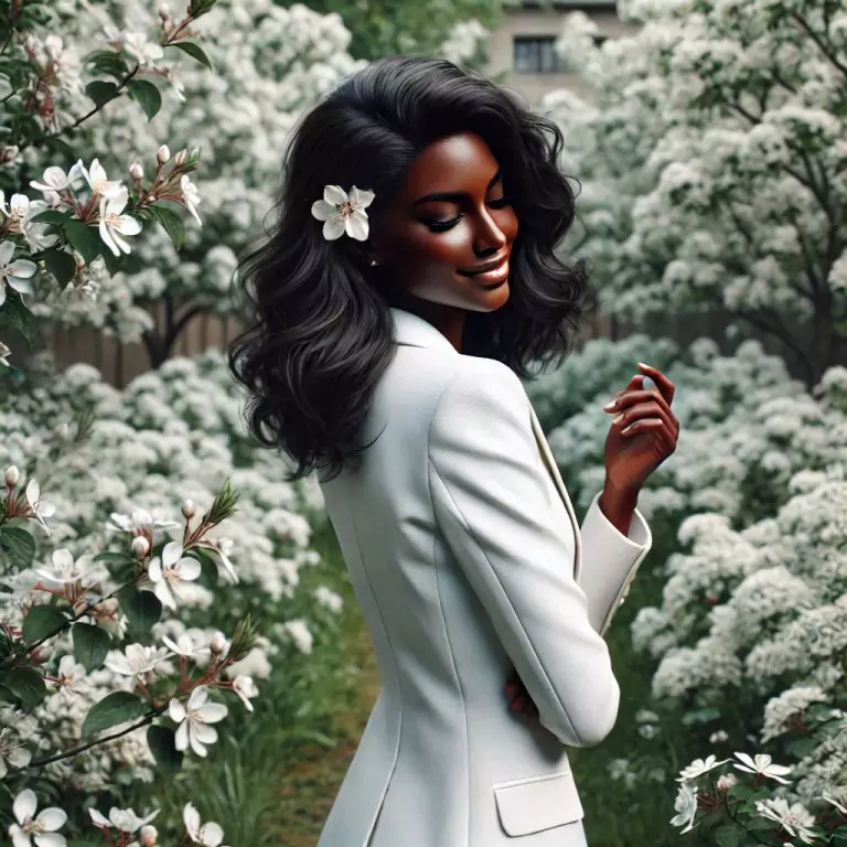 This image features a smiling woman dressed in a tailored white outfit, standing in a field of blooming white flowers. She appears joyful, with her arms slightly extended, as if embracing the serene surroundings. The background is filled with flowering trees, creating a peaceful and harmonious atmosphere.