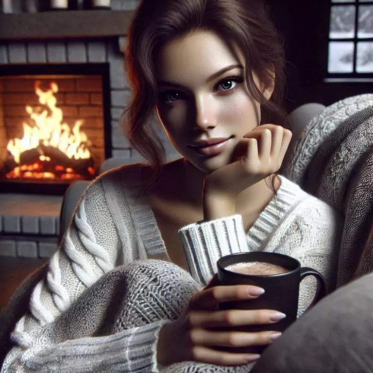 The scene, featuring a woman enjoying a peaceful moment by the fireplace with a warm drink. A cozy and captivating image that embodies the essence of Native German Content Creation.