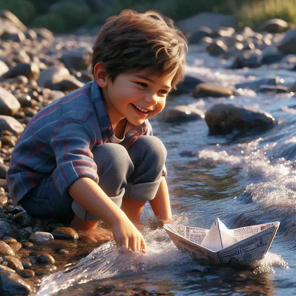 The image shows a smiling boy by the stream, playing with a paper boat. This scene, full of lightness and connection to nature, is perfect for emotional content creation in German.