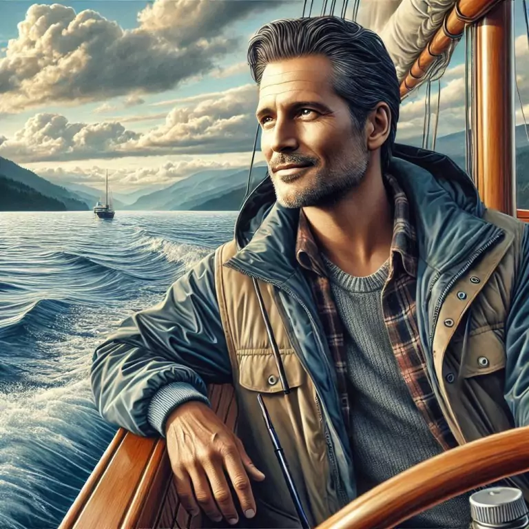 The image shows a man on a sailboat, standing against a stunning backdrop of water, mountains, and clouds. The scene conveys a sense of tranquility and freedom, making it an excellent choice for use in high-quality print designs for travel magazines, brochures, or promotional materials