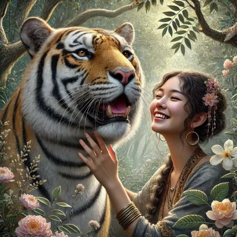 A woman smiles as she gently strokes a tiger amidst a picturesque setting of trees and flowers – a symbol of large-scale project discounts in Content and Design.