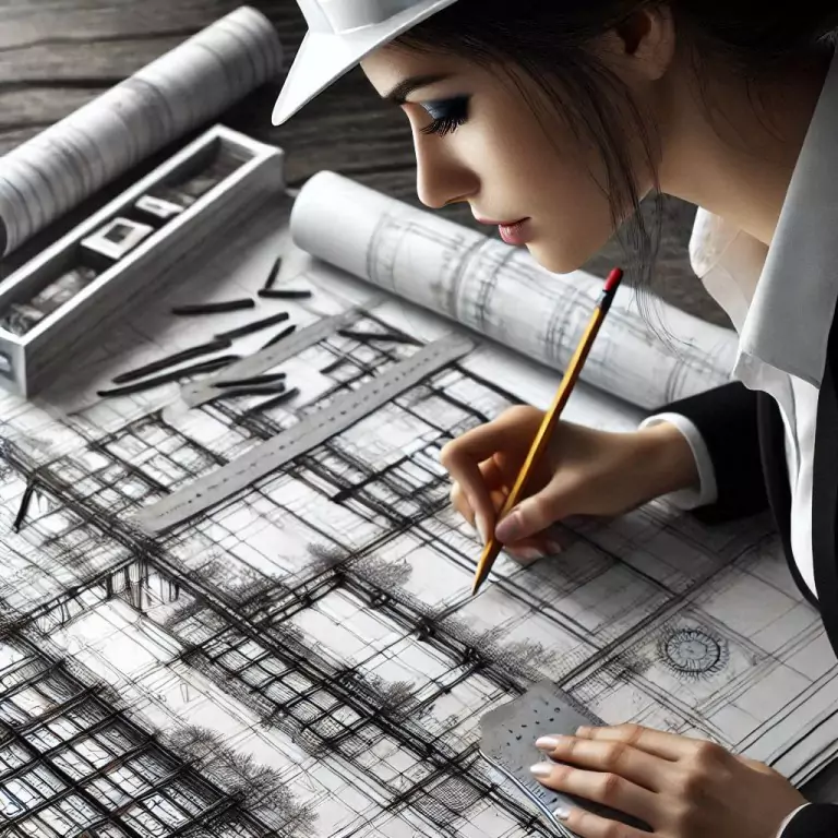 The image shows a woman wearing a construction helmet, focused on a blueprint as she carefully draws with a pencil. The detailed architectural plans are spread out in front of her, surrounded by rolled-up blueprints and tools.