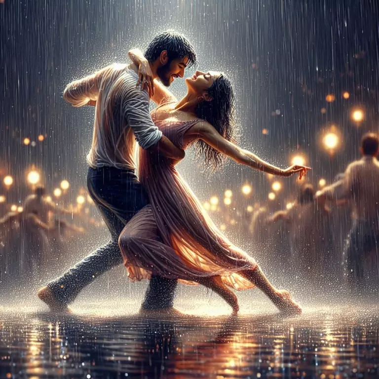 The image shows a romantic couple dancing passionately in the rain, illuminated by warm, glowing lights in the background. Their graceful movements and wet clothing add a dynamic and emotional touch to the scene, emphasizing love and connection.