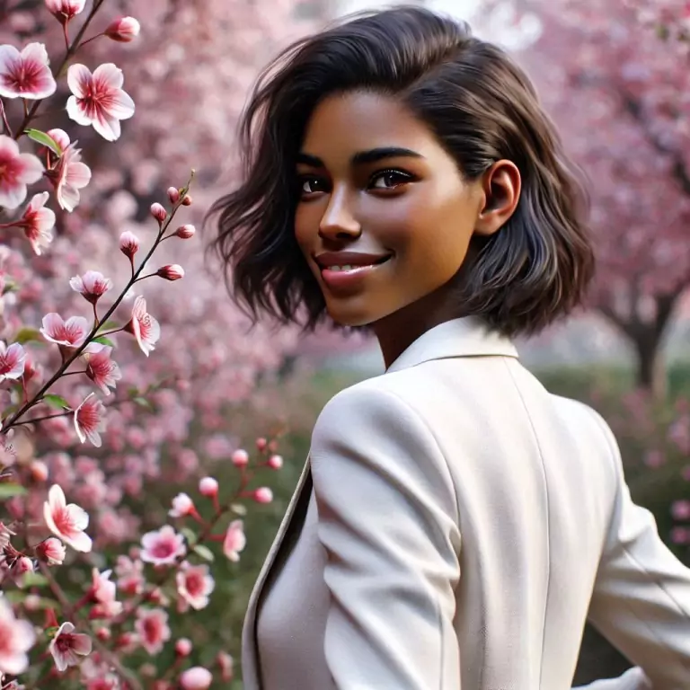 This image features a smiling woman dressed in a tailored white outfit, standing in a field of blooming white flowers. She appears joyful, with her arms slightly extended, as if embracing the serene surroundings. The background is filled with flowering trees, creating a peaceful and harmonious atmosphere.