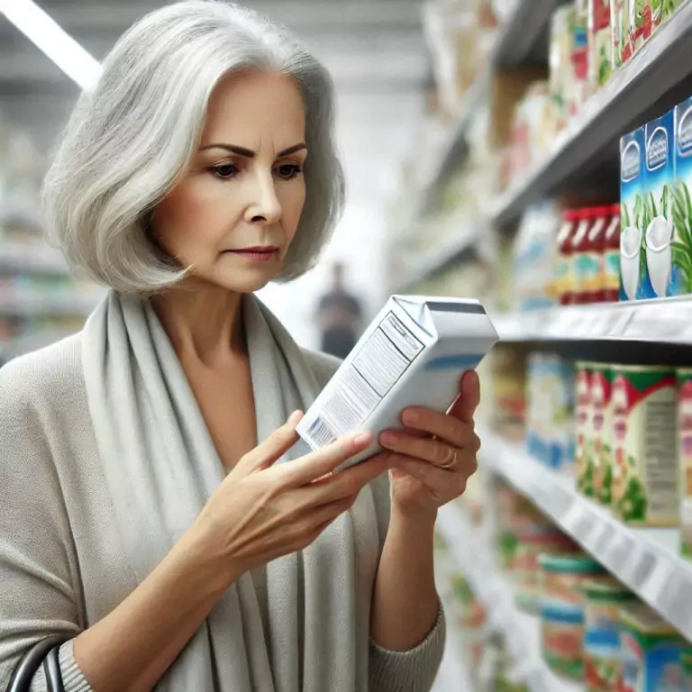 An older woman in the supermarket, holding a product in her hand and looking intently at the packaging.