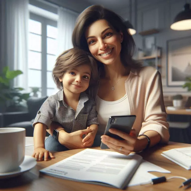 A woman holding a child in her home office smiles while holding a smartphone, with a user manual next to her—enhanced by professional English to German translation services.