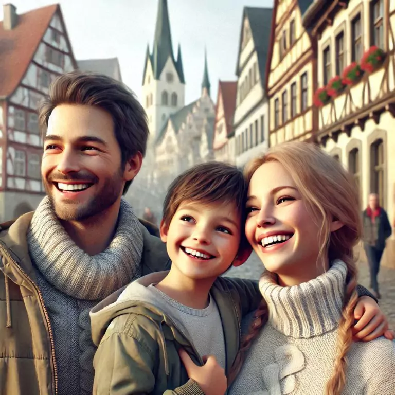 This image showcases a joyful family standing together in a picturesque, traditional German town, reflecting warmth and unity. Such a scene perfectly embodies the value of Native German Localization Services, allowing culturally native messages to resonate deeply with the target audience.