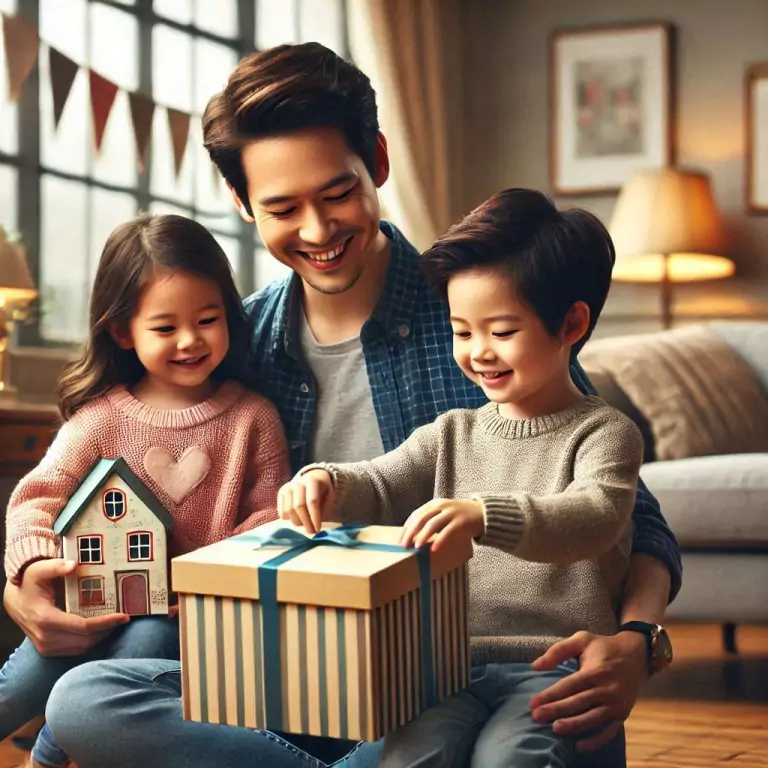 A man and his two children are joyfully unpacking a beautifully wrapped package together, all smiling, with a cozy living room in the background.