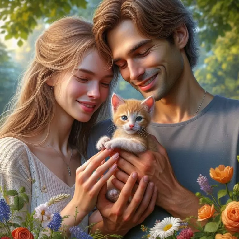 A man and a woman holding a kitten in their hands – a metaphor for the precision and care required in German content marketing to build trust and engagement.