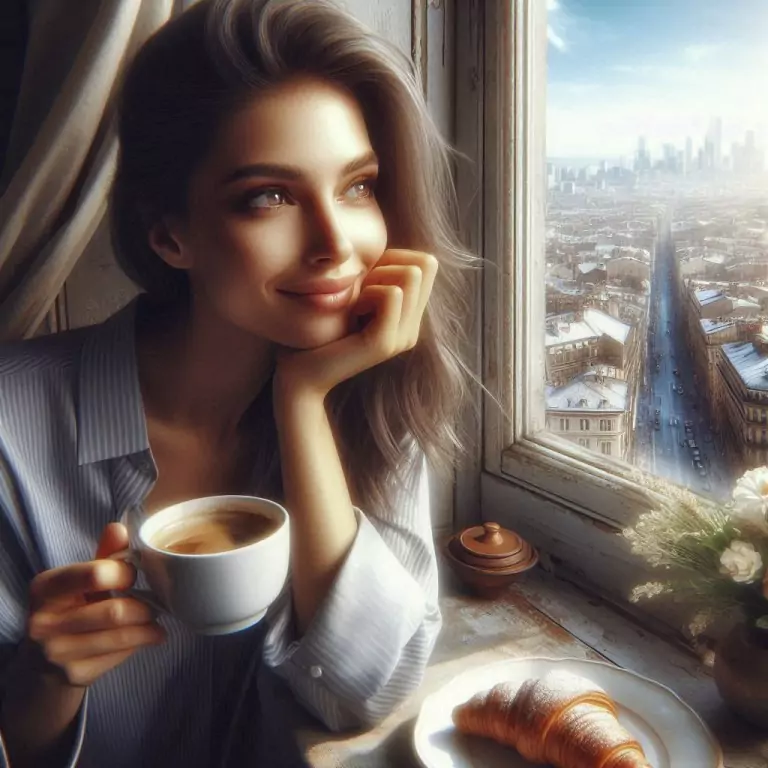 A woman sits thoughtfully, smiling on a windowsill, holding a cup of coffee in her hand. On the windowsill, there is a plate with a croissant and a flower pot. Through the window, a beautiful, bright cityscape is visible from above—a metaphor for content and design.