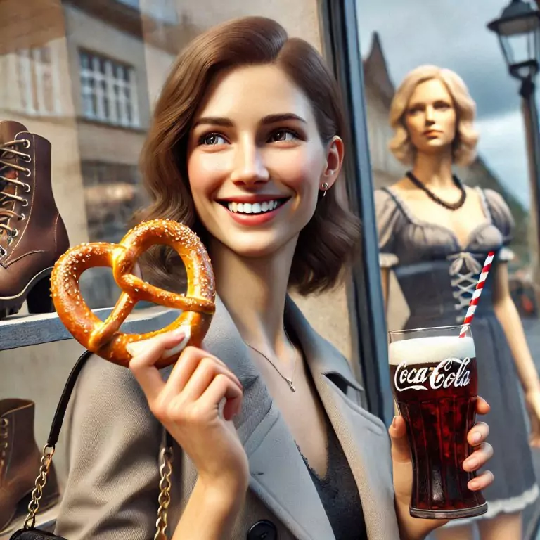 This image captures a cheerful woman enjoying a classic German pretzel and a Coca-Cola drink, set against the backdrop of a shop window displaying traditional attire. Just as tradition and modernity blend seamlessly, German Payment Methods offer a perfect balance of security and convenience.