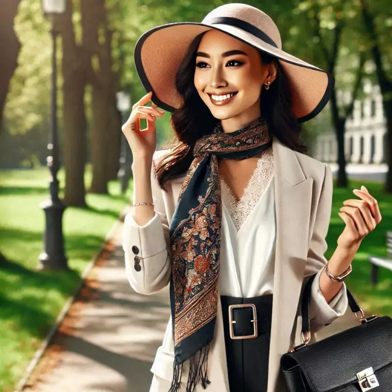 Smiling woman in elegant business attire with a stylish scarf, fashionable hat, and handbag, walking down the serene park path.