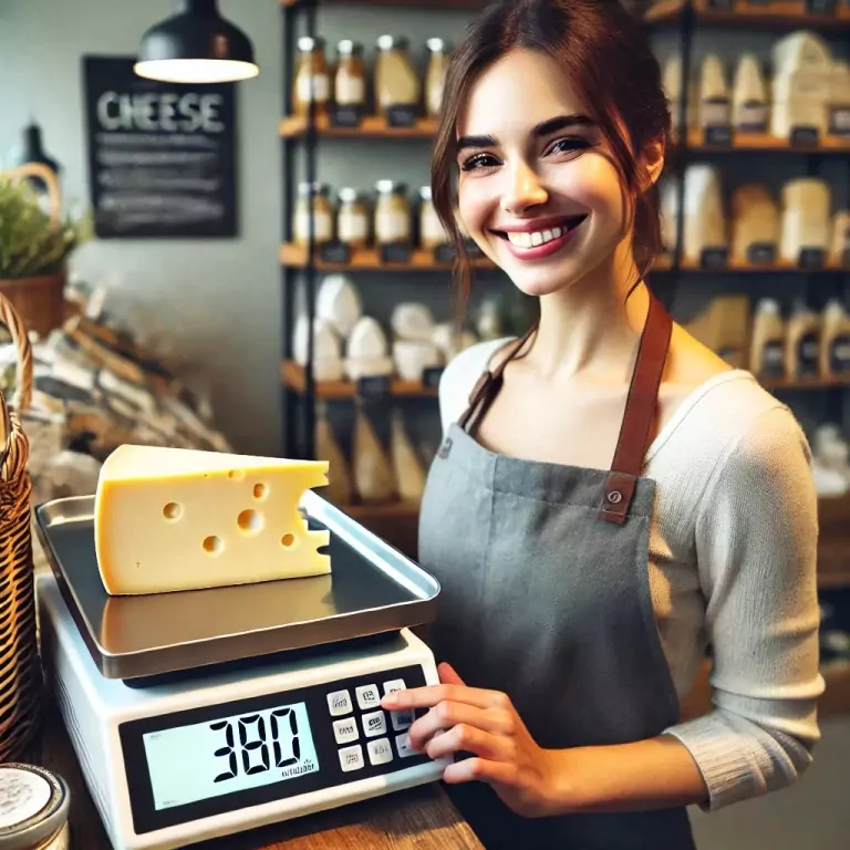 A smiling woman weighs a piece of cheese on a digital scale in a grocery store, with the weight displayed in grams. This scene highlights the everyday use of the metric system in Germany, ensuring precision in product measurement and customer satisfaction.