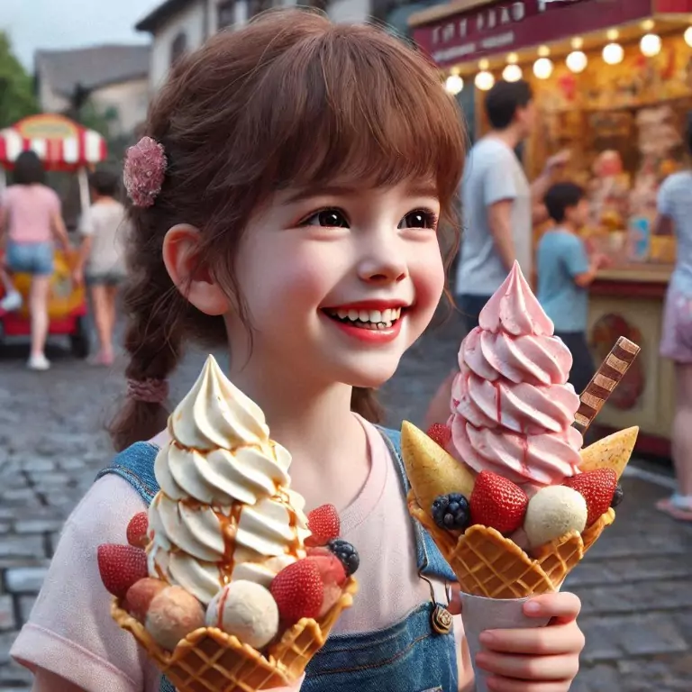 A little girl beams with joy at an amusement park, holding two large portions of ice cream topped with whipped cream and fresh fruits in her hands.