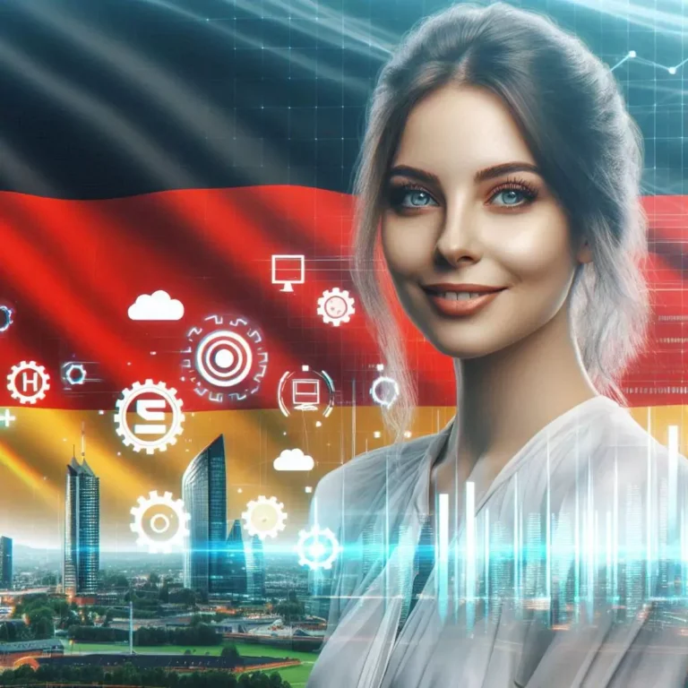 Illustration: Smiling woman in front of a digital cityscape and German flag, surrounded by tech icons and UI elements; visualizing communication and innovation in the German IT market.