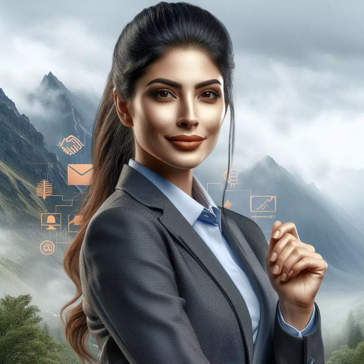 Illustration-0605252035 Illustration: Business professional in a mountainous digital landscape, symbolizing clarity and precision in German IT localization, with icons for communication, analytics, and interface design in the background.