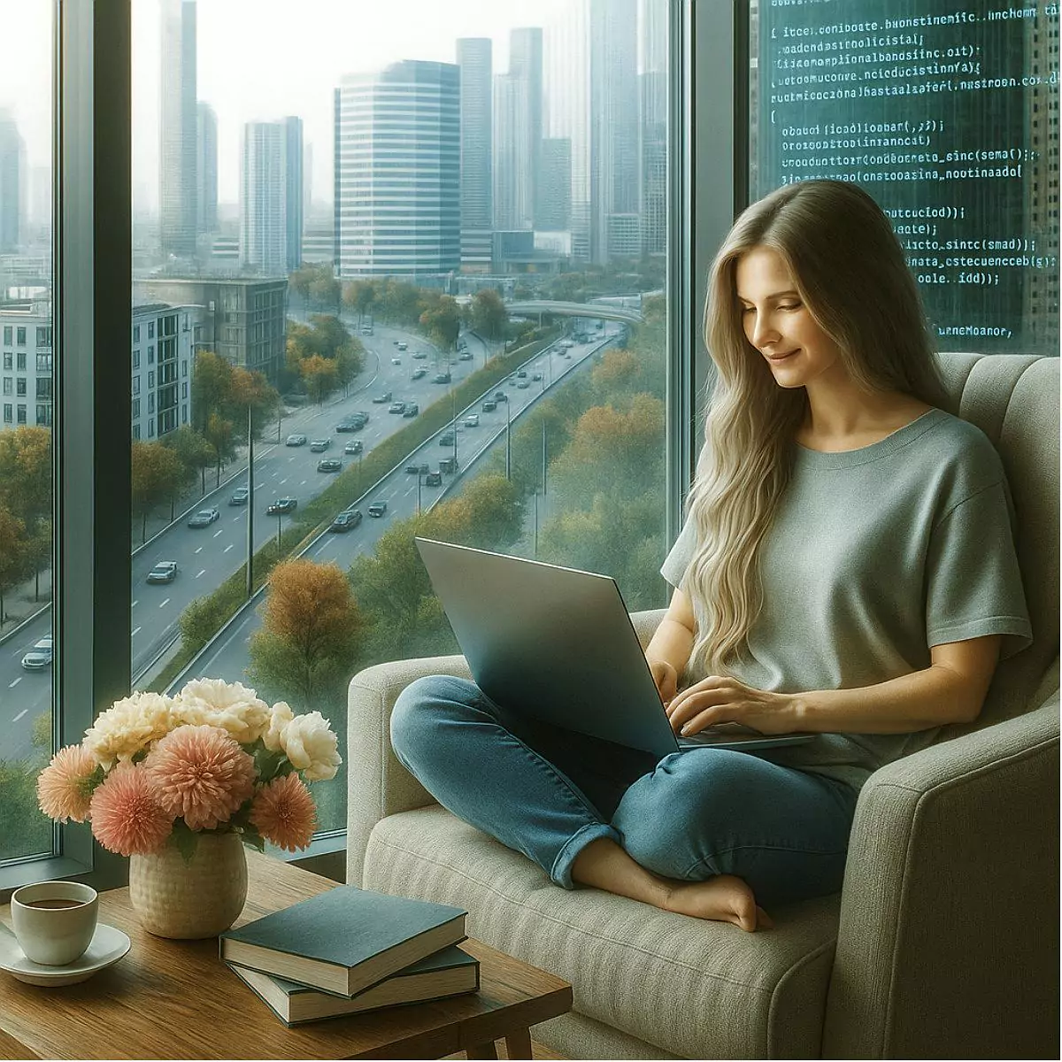 Illustration-2604250849 Illustration: Young woman working on a laptop with a cityscape in the background, symbolizing German IT translation and digital connectivity.