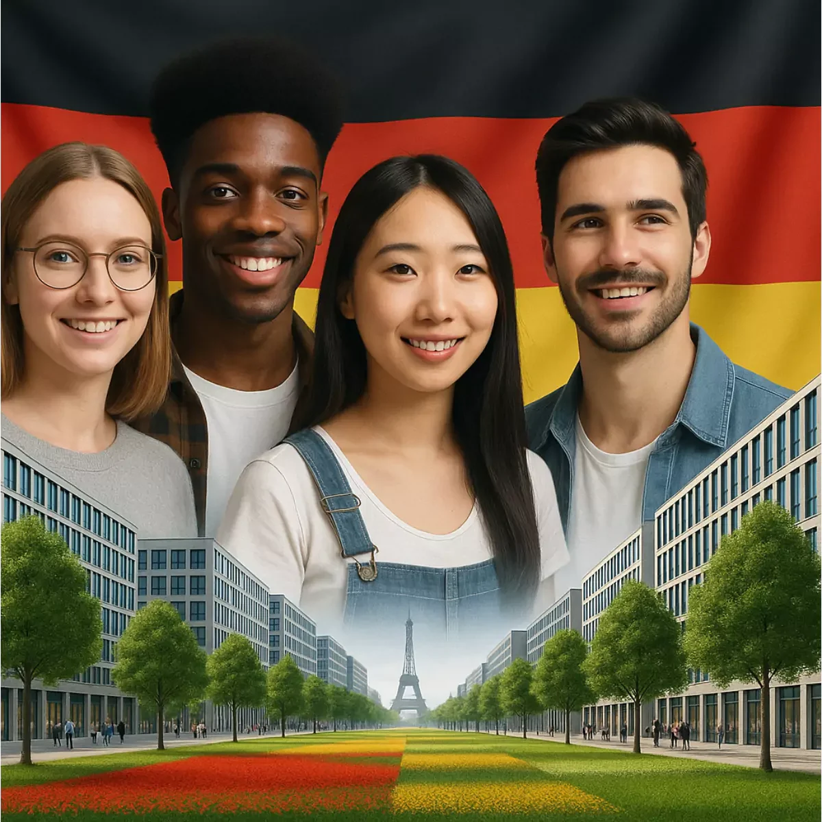 Illustration-2704251034 Illustration: A composite image depicting four individuals from diverse cultural backgrounds standing in front of a cityscape with a German flag, symbolizing German Content and Design Services.